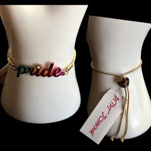 Betsey Johnson Pride Rainbow Ombre Script Gold Tone Adjustable Bolo Bracelet NEW